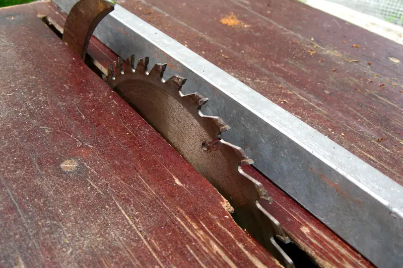 Pöytäsahan terä pöydän raosta, vieressä halkaisuohjain; terän takana kaareva metalliliuska samassa linjassa terän kanssa.
